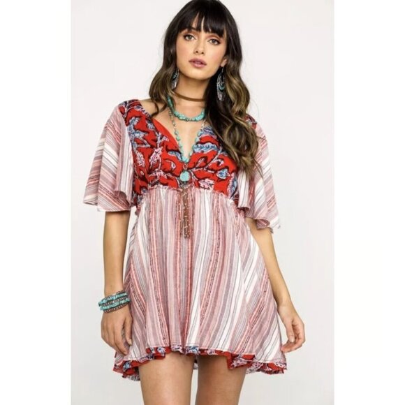 Free People Red Floral Stripes Under The Sun Tunic Top Mini Dress 37265 - Picture 12 of 13